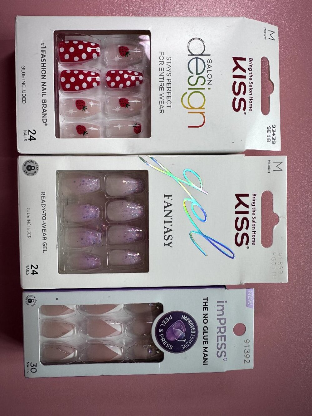 3pc Medium Coffin Press On Nail Bundle – KISS & imPRESS Red, Pink, French